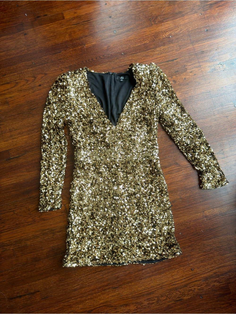 Lulu's Gold Sequin Long-Sleeve V-Neck Mini‎ Dress